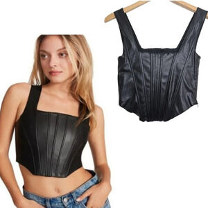 7 For All Mankind Faux Leather Black Square Neckline Cropped Vest Tank Top